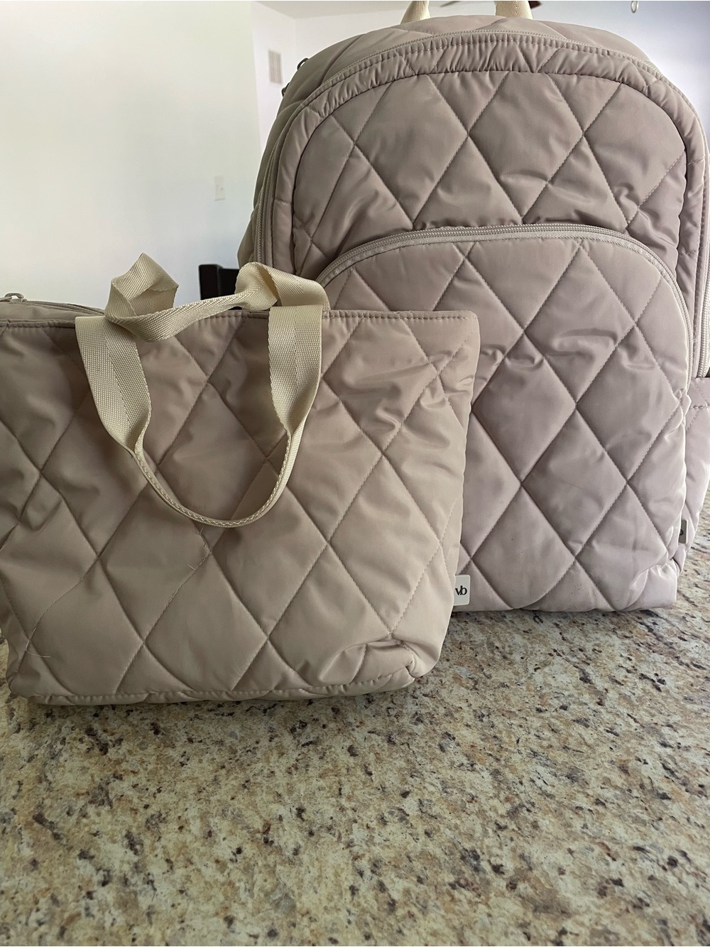 Quilted Tote and Backpack Set in Light Taupe
